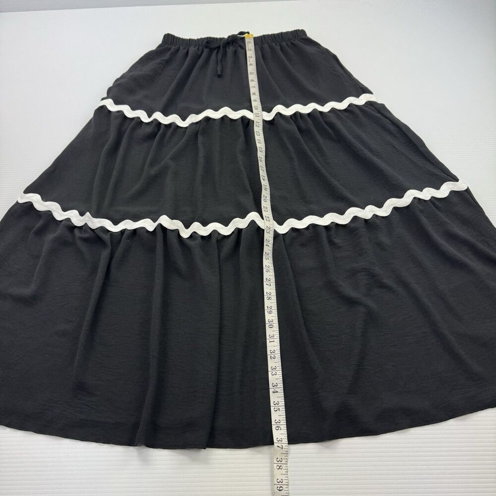 CIDER NWT Black Tiered Maxi Skirt M White Ric Rac Trim Drawstring Boho - Picture 6 of 8